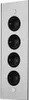 A vertical panel with four circular black sockets and two small circular buttons, all set against a brushed metal background. Produktbild-Vorschau