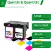 Two ink cartridges, one color and one black, are shown with marketing text overlays on the right side of the image. Produktbild-Vorschau