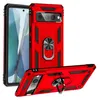 A red phone case with a ring holder is shown from multiple angles, with a phone partially visible behind it.