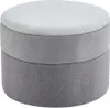 A round ottoman with two distinct fabric sections, one lighter gray on top and a darker gray on the bottom.