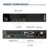 A top and back view of a black Lenovo ThinkCentre mini PC, with labels indicating ports and features. Produktbild-Vorschau