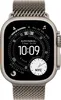 A close-up front view of an Apple Watch Ultra 3 Titanium Cellular on a black background, displaying its watch face with time and other information. Náhled obrázku produktu