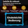 A blue tablet is displayed in front of a blurred background of red theater seats. Text overlays highlight product features. Produktbild-Vorschau