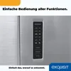 Close-up of a refrigerator's digital control panel with temperature settings and mode options. Text overlays on the image describe product features and branding. Produktbild-Vorschau