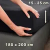 Hands are shown tucking a black fitted sheet onto a mattress. Produktbild-Vorschau