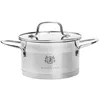 A stainless steel pot with a glass lid and two handles, set against a white background. Produktbild-Vorschau