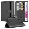 A black leather flip case for a smartphone, shown open and closed. Anteprima dell’immagine prodotto