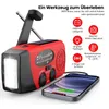 A red and black emergency radio with a flashlight, solar panel, and antenna, connected to a smartphone via a charging cable. Various feature icons and German text are displayed to the right. Produktbild-Vorschau