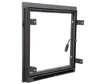 A black metal door frame with a glass window opening, designed for a pizza oven or fireplace. Anteprima dell’immagine prodotto