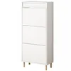 A white shoe cabinet with three drawers and wooden legs, shown against a white background. Produktbild-Vorschau