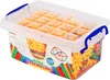 A clear, well-lit product shot of a clear plastic storage bin filled with colorful building pieces. Podgląd zdjęcia produktu