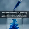 A pipette is dropping blue liquid into a glass of water, creating a swirling pattern. Text overlays describe the product's ease of use and dosage. Produktbild-Vorschau