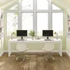 A home office setup with a long white desk, two computers, and two chairs in front of a large window. Anteprima dell’immagine prodotto