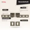 A marketing image showcasing door handles and related hardware with descriptive text highlighting features. Produktbild-Vorschau