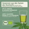 Marketing image for hemp oil, showing text about its benefits and a glass of the oil. Produktbild-Vorschau