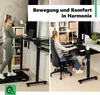 A split image showing two home office setups. On the left, a woman stands at a height-adjustable desk while using a treadmill. On the right, a woman sits in an office chair at a desk. Produktbild-Vorschau