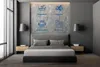 A bedroom scene with a bed and nightstands, featuring marketing icons on the wall. Produktbild-Vorschau