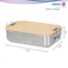 A stainless steel lunchbox with a bamboo lid is shown against a white background, with dimensions indicated. Anteprima dell’immagine prodotto