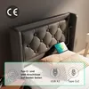 A close-up of a bed headboard with integrated USB ports and a tablet charging. Produktbild-Vorschau