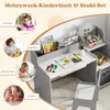 A child's desk and chair set shown with various activities like learning, playing, drawing, and eating, with text overlays describing these activities. Podgląd zdjęcia produktu