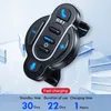 A black motorcycle handlebar remote control with blue illuminated buttons and text overlays indicating features and specifications. Produktbild-Vorschau