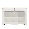 A white kitchen island with two drawers and open shelves, viewed from the front. Produktbild-Vorschau
