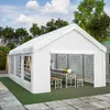 A white party tent set up outdoors with tables and benches inside, surrounded by greenery and a stone patio. Produktbild-Vorschau