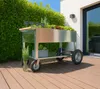 A raised garden bed on wheels is placed on a wooden deck next to a house, with lush green bushes in the background. Produktbild-Vorschau