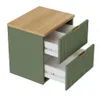A green cabinet with two open drawers and a wooden top. Náhľad obrázku produktu