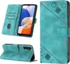 A collage of images showing a teal flip leather wallet case for a Samsung Galaxy A14 5G. Produktbild-Vorschau