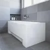 A modern bathroom with a white bathtub against gray tiled walls and floor. Produktbild-Vorschau