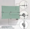 A close-up view of the underside of a rectangular umbrella, with detailed insets showing the frame construction and a locking mechanism. Text highlights material quality and construction. Produktbild-Vorschau
