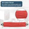 A close-up of a red roller brush accessory for a robot vacuum cleaner, with a magnified inset showing the texture of the brush. The background is a blurred interior scene. Produktbild-Vorschau
