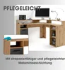 A corner desk with a computer, speakers, and a lamp. A close-up inset shows cleaning supplies on the desk. Produktbild-Vorschau