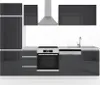 A modern, modular kitchen unit with dark grey high-gloss cabinets and a stainless steel range hood. Anteprima dell’immagine prodotto