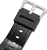 A close-up view of a black watch strap and buckle. Produktbild-Vorschau