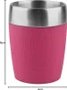 A pink insulated travel mug with silver trim, shown against a white background. Text indicating coffee types is embossed on the mug. Produktbild-Vorschau