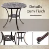 A collage of images showcasing a bronze garden table, with close-ups of its details and text highlighting features. Náhled obrázku produktu