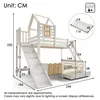 A diagram showing the dimensions of a white wooden bunk bed with a slide and a small fence. Náhled obrázku produktu
