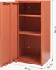 An open metal cabinet with shelves, showing dimensions. Voir les images du produit