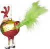 A Christmas ornament shaped like a chicken wearing a festive suit and a green feather tail, hanging from a gold chain. Voir les images du produit