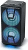 A black portable stereo system with illuminated blue and cyan speakers. Voir les images du produit