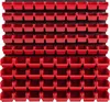 A wall-mounted storage system with multiple red bins. Náhled obrázku produktu