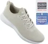 A beige Skechers Bobs Sport sneaker with white sole and laces, shown from a diagonal angle against a white background. Two informational graphics are present in the upper right corner. Voir les images du produit