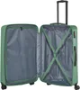 An open green suitcase with a gray interior, showing the packing straps and wheels. Produktbild-Vorschau