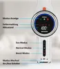 Close-up of the handle and display of a cordless vacuum cleaner, with labels pointing to different functions and indicators. Produktbild-Vorschau