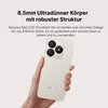 A hand holding a smartphone with a description of its features. Produktbild-Vorschau