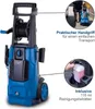 A blue and black pressure washer with two inset images highlighting its features. Produktbild-Vorschau