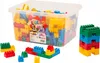 A clear, well-lit studio shot of a large clear plastic bin filled with colorful building blocks, with some blocks scattered in front of the bin and a stack of blocks to the right. Náhľad obrázku produktu