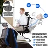 A collage showing an ergonomic office chair with a man sitting in it, demonstrating different recline angles, and a close-up of a removable hanger feature. Produktbild-Vorschau